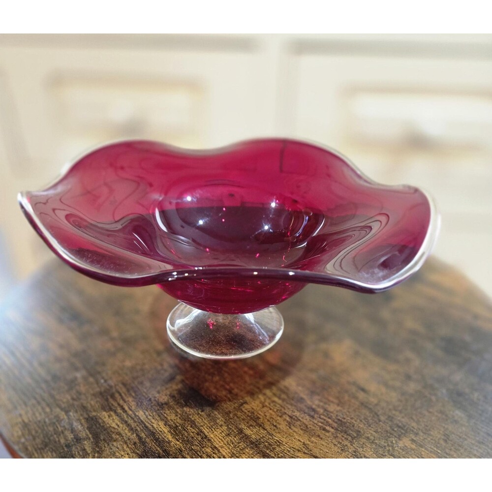 Vintage Telaflora‎ Pedestal Blown Glass Red Ruffled Bowl Wavy with Clear Base